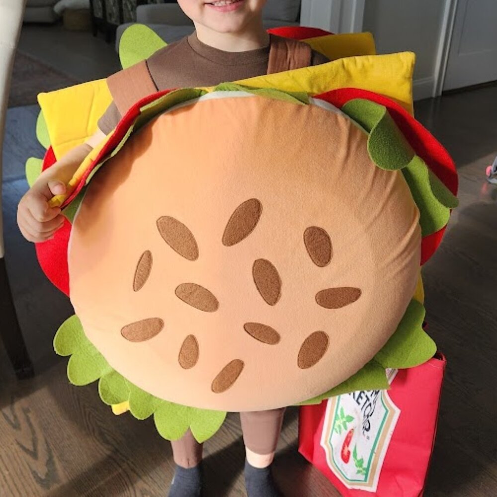 Pottery Barn Cheeseburger Halloween costume size 4/6 and Ketchup Bag